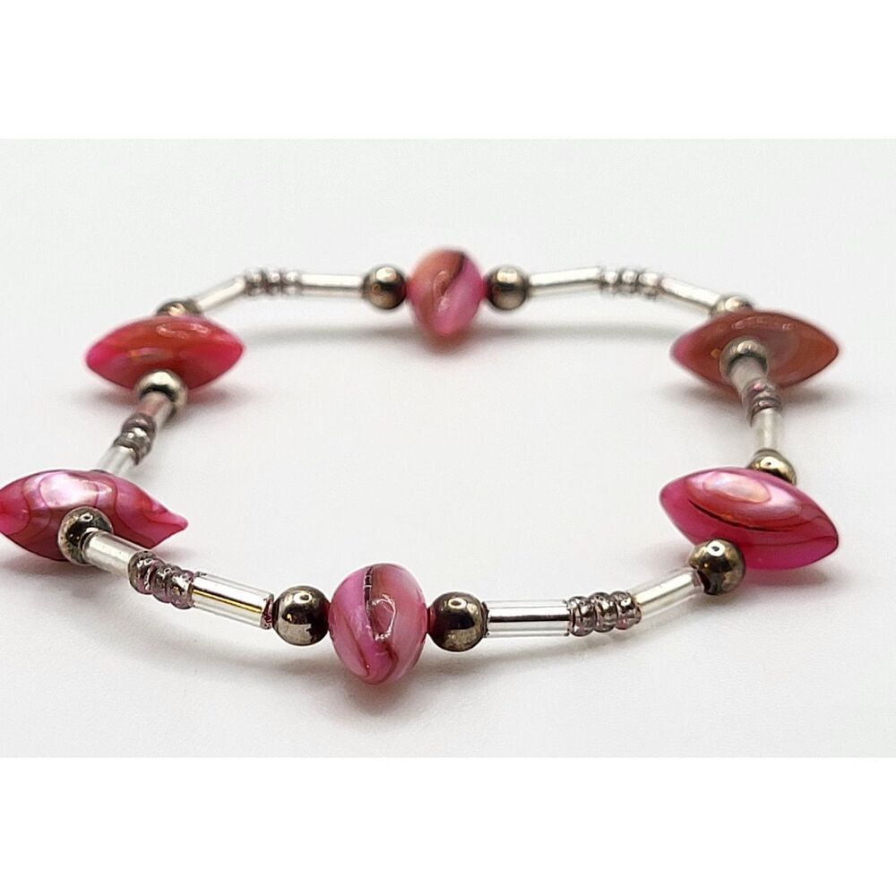 Pink Mother of Pearl Abalone Silver Beaded Bracelet 5.5in